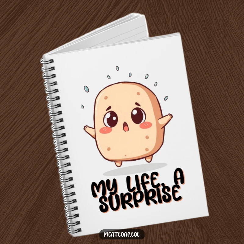 Funny meatloaf notebook with a surprised character dodging a sprinkle, perfect for note-taking, journaling, and capturing sudden thoughts.