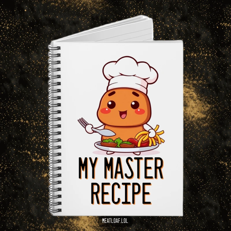 Funny notebook with a chef meatloaf character proudly presenting a dish, perfect for recipe notes and kitchen ideas.