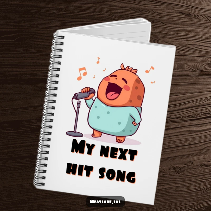 Funny meatloaf songwriter notebook, a meatloaf character with a microphone, inspiring musical thoughts and creative writing.