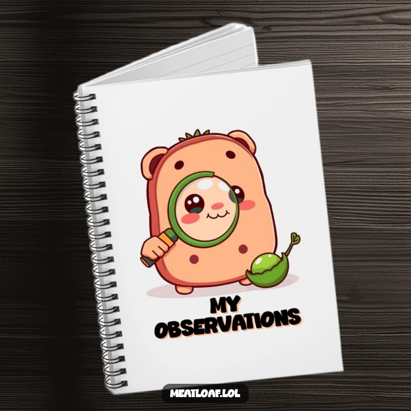 Funny notebook cover with a meatloaf character using a magnifying glass to examine a pea, encouraging detailed notes.