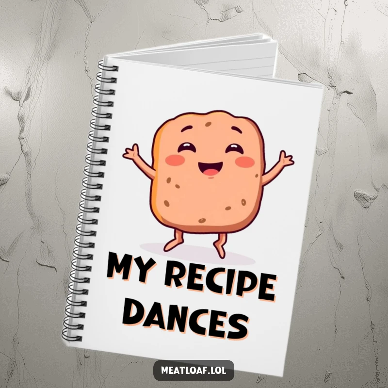 Funny meatloaf notebook featuring a smiling food item with legs doing a silly dance, perfect for notes and creative plans.