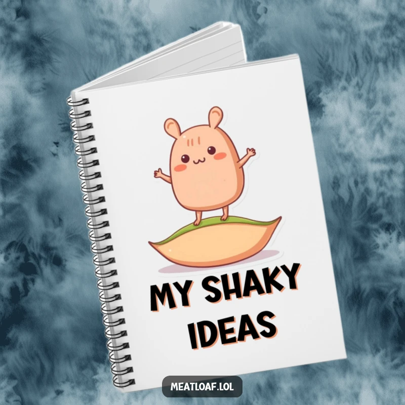 Funny balancing meatloaf notebook featuring a meatloaf character wobbling on a pea, perfect for note-taking and doodling.