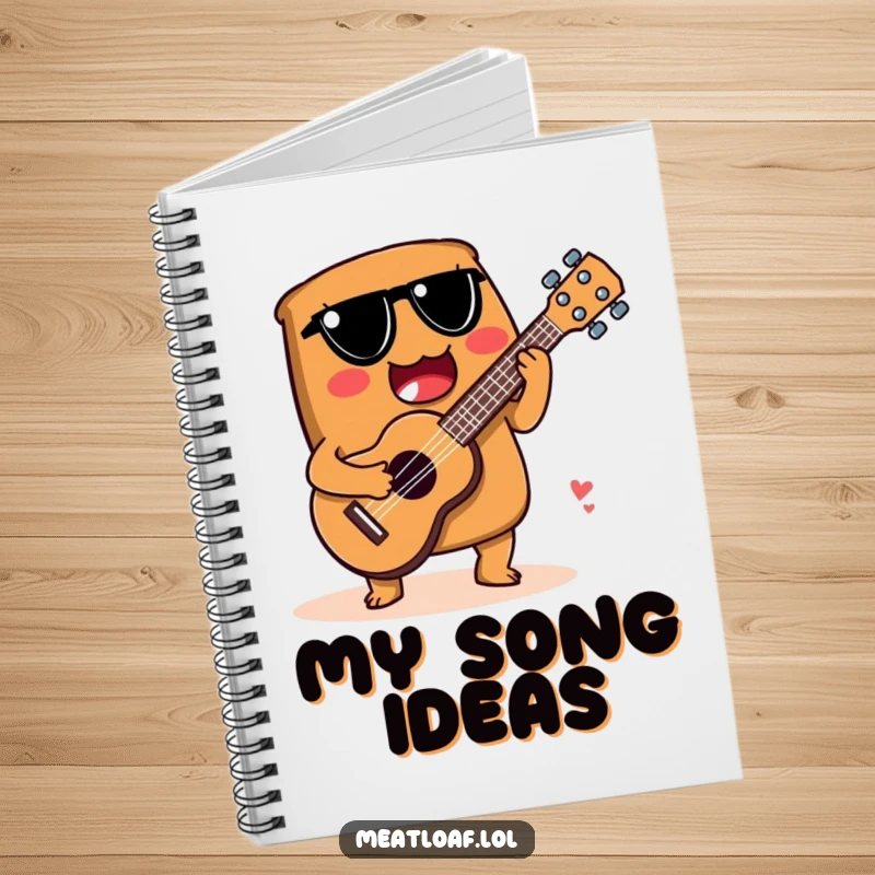 Funny notebook cover with a meatloaf character playing a spoon ukulele, encouraging musical creativity and writing.