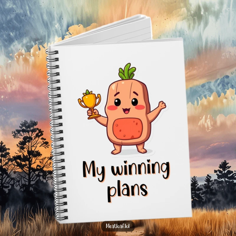 Funny proud meatloaf trophy notebook, a journal with a proud meatloaf character holding a small trophy.