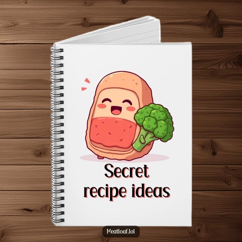 Funny meatloaf character whispering secrets and giggling with a broccoli floret, food friendship notebook, humorous stationery, thoughtful gift.