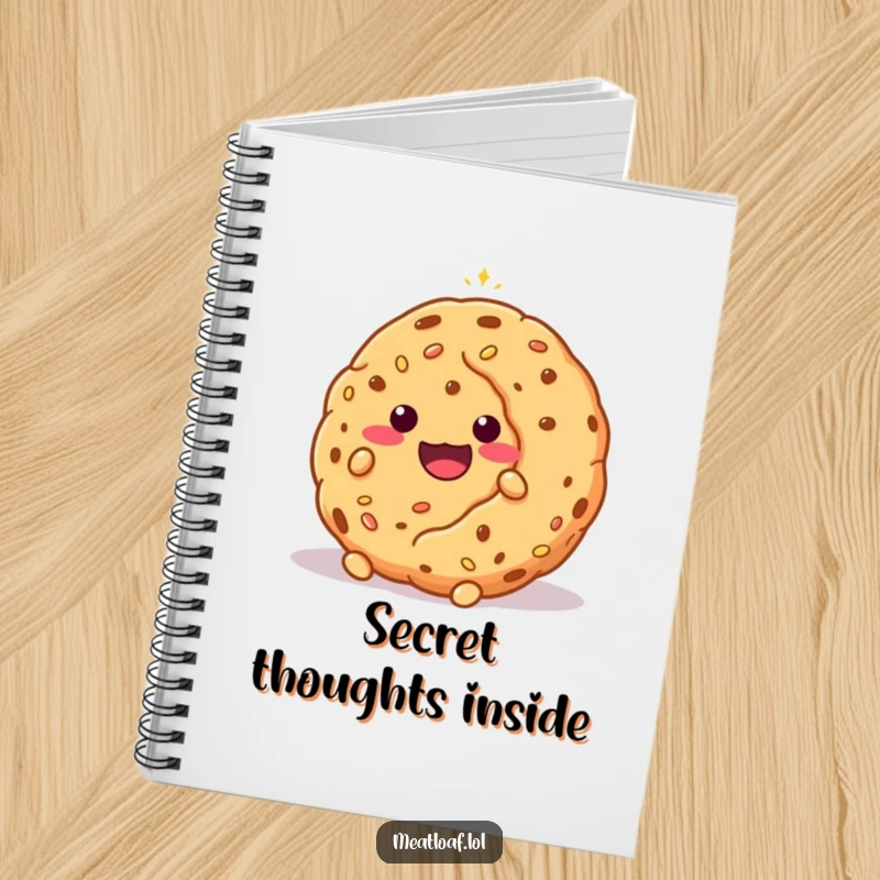 Funny shy meatloaf character peeking from behind a giant, sparkling cookie, perfect for a notebook for gentle ideas.