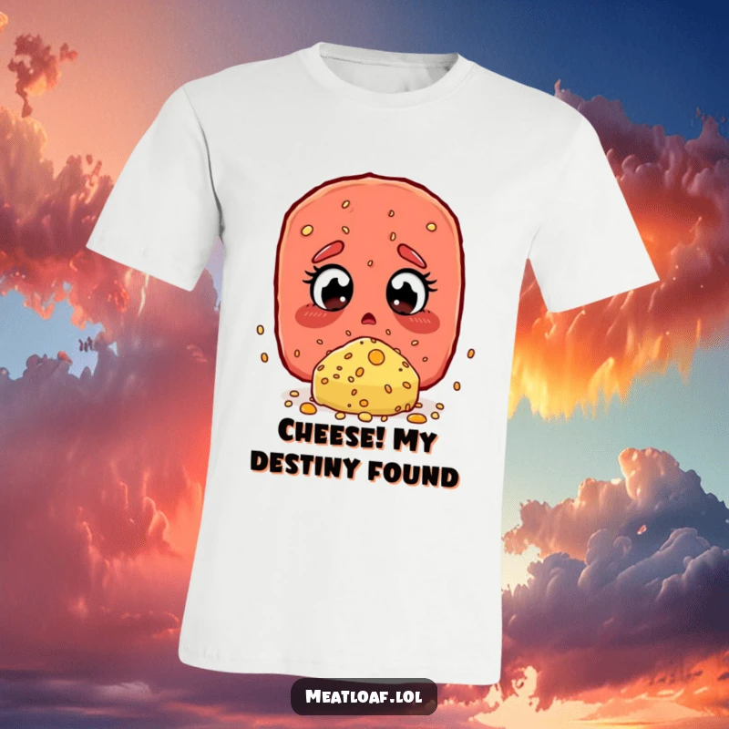 Funny T-Shirt: A meatloaf character showing wide-eyed amazement at a giant, delicious cheese sprinkle.