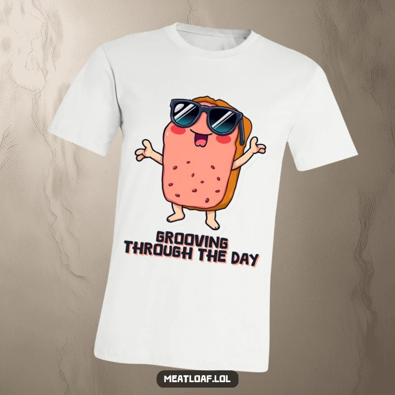 Funny disco meatloaf t-shirt with a slice wearing sunglasses, doing a dynamic disco pose, radiating cool retro energy.