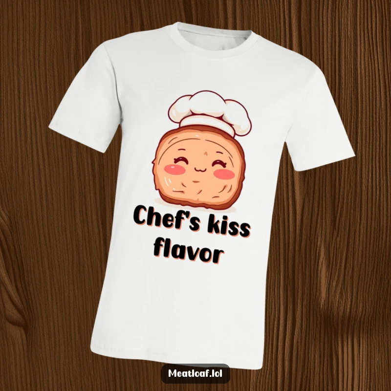 Funny t-shirt showcasing a meatloaf slice with cute rosy cheeks and a small chef hat, a humorous culinary character.
