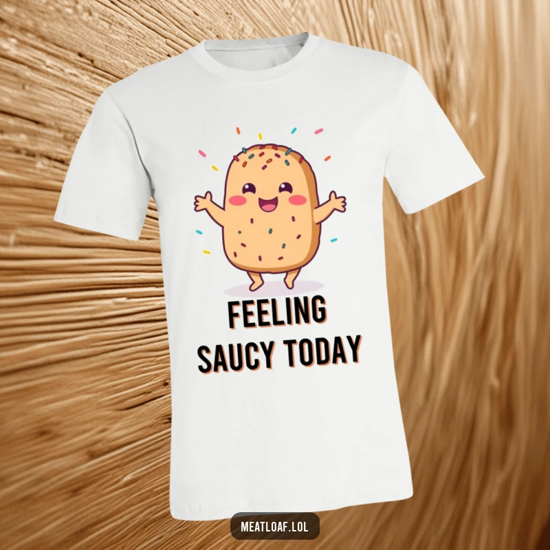 Funny t-shirt with a smiling meatloaf character in a joyful dance pose, adorned with sprinkles, embodying pure food-related happiness.