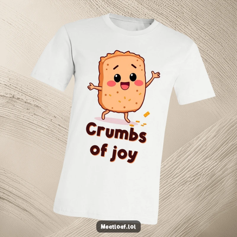 Funny Meatloaf Dance T-Shirt: A joyful meatloaf character in mid-dance, leaving a trail of breadcrumbs, perfect for casual, humorous style.