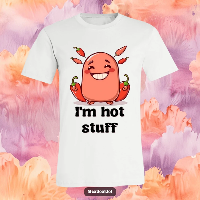 Funny meatloaf character t-shirt juggling three hot chili peppers with a wide, happy grin, ideal for spice lovers.