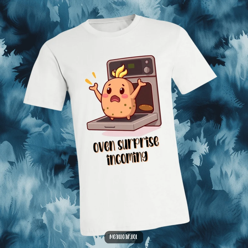 Funny Meatloaf T-Shirt: A startled meatloaf character dramatically leaps out of a hot oven, mid-air and surprised.