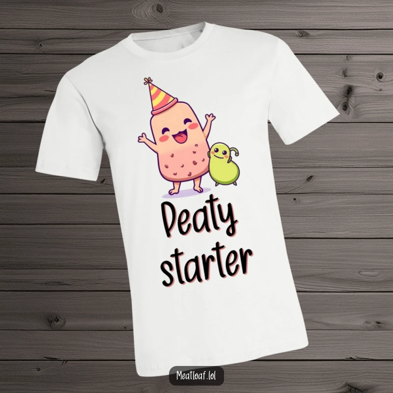 Funny meatloaf character in party hat dancing with a pea, food friends celebration, humorous graphic tee, perfect funny gift.