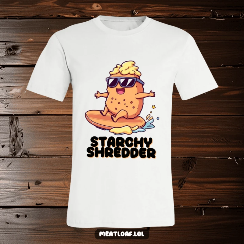 Funny meatloaf character in sunglasses surfing a mashed potato wave, cool beach scene, humorous graphic tee, great gift.