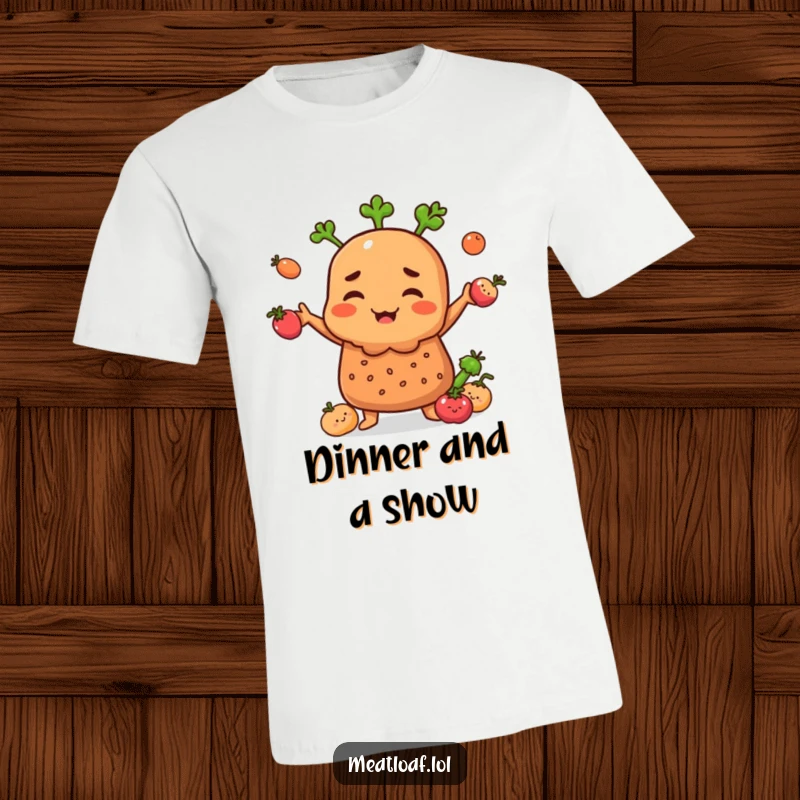 Funny Meatloaf character on t-shirt, expertly juggling tiny happy vegetables with a proud expression.