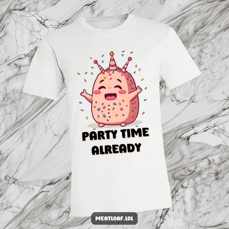 Funny party meatloaf t-shirt showcasing a cheerful meatloaf character amidst a shower of confetti, ideal for celebrations.