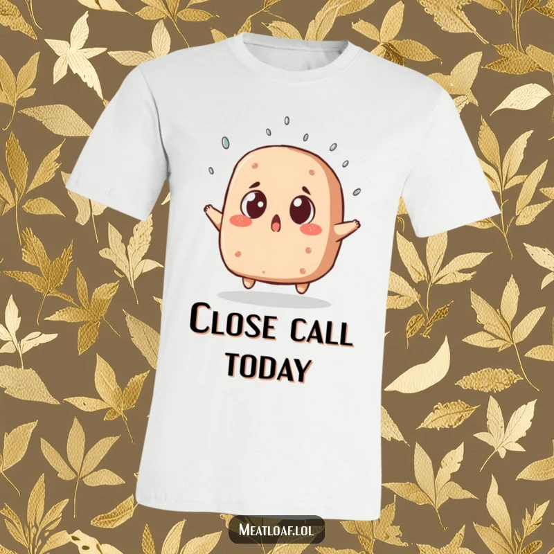 Funny t-shirt depicting a meatloaf with wide, surprised eyes narrowly avoiding a falling sprinkle, capturing a moment of comedic panic.