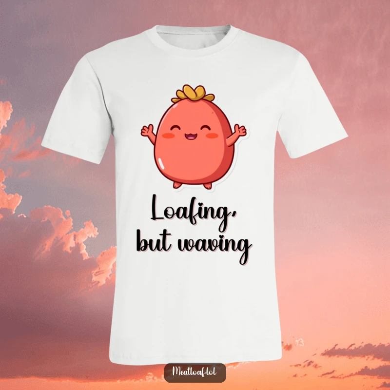 Funny red meatloaf t-shirt with a round character and tiny arms waving enthusiastically, a humorous apparel choice.
