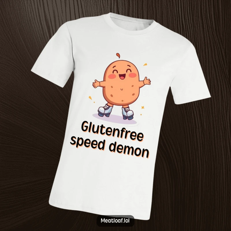 Funny meatloaf t-shirt depicts a joyful meatloaf character wearing roller skates, spinning ecstatically with delight and a sense of freedom.