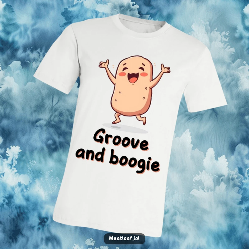 Funny meatloaf jig t-shirt, a meatloaf character doing a wild, happy dance with limbs all over the place, full of festive energy.