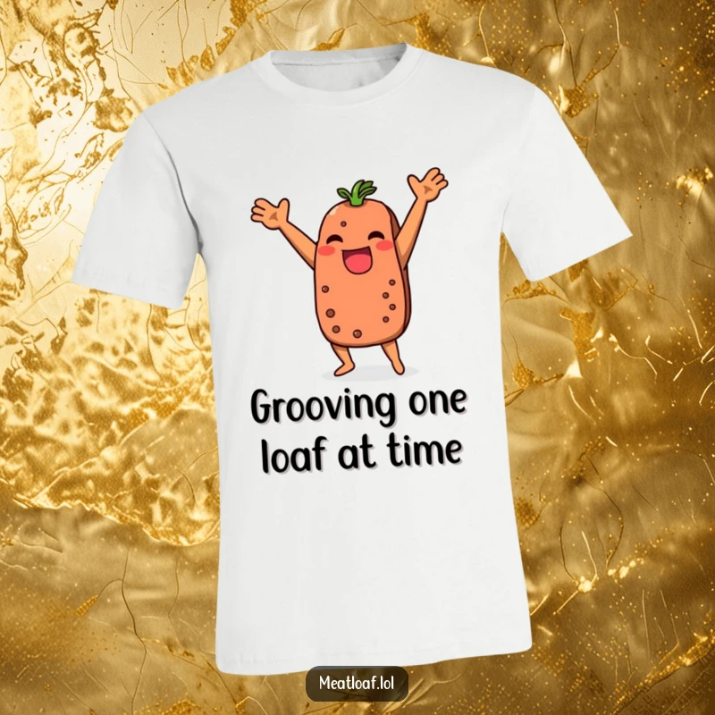 Funny meatloaf t-shirt with a character doing a silly, energetic dance, perfect for spreading joy and laughter.