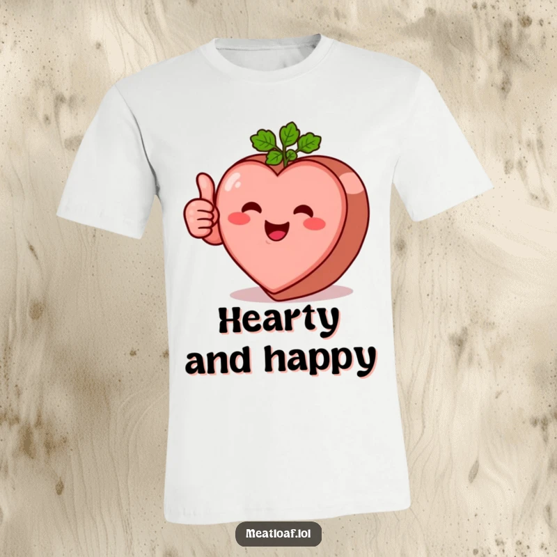 Funny heart-shaped meatloaf character t-shirt giving a prominent thumbs-up with a cheerful expression, great for food lovers.