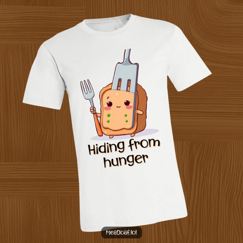 Funny meatloaf slice t-shirt with a shy character peeking out from behind a giant fork, a cute food theme.