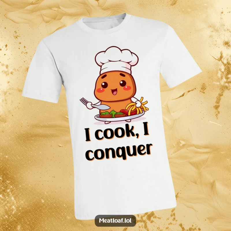 Funny t-shirt with a meatloaf character wearing a chef hat, proudly presenting a delicious dish, a chef's delight.