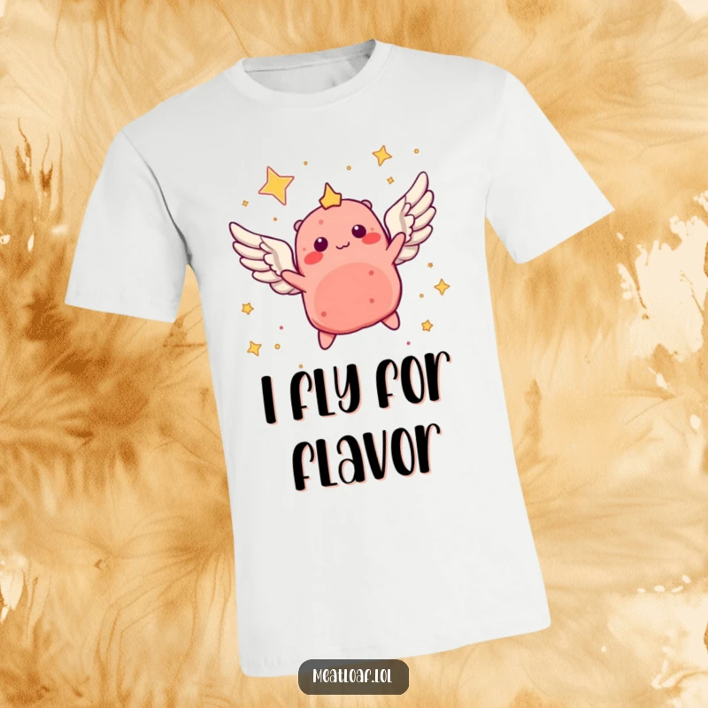 Funny t-shirt with a winged meatloaf character soaring through a starry sky, celebrating dreams and aspirations humorously.