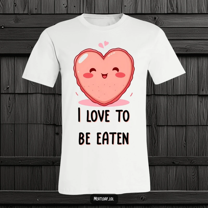 Funny t-shirt showcasing a blushing heart-shaped meatloaf character in the middle of a giggle, perfect for food lovers.