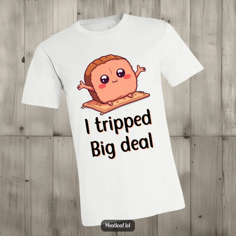 Funny meatloaf slice t-shirt showing a cartoon character with eyes tripping over a rug, arms and legs flailing in a comical disaster.