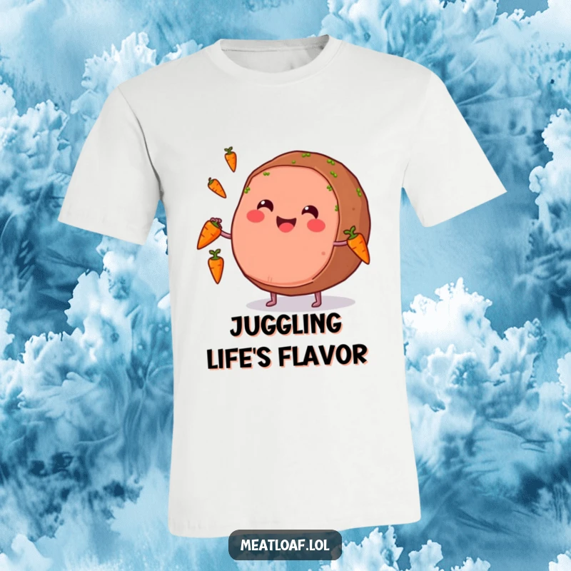 Funny t-shirt with a smiling meatloaf character skillfully juggling small carrots, a design full of cheerful humor.