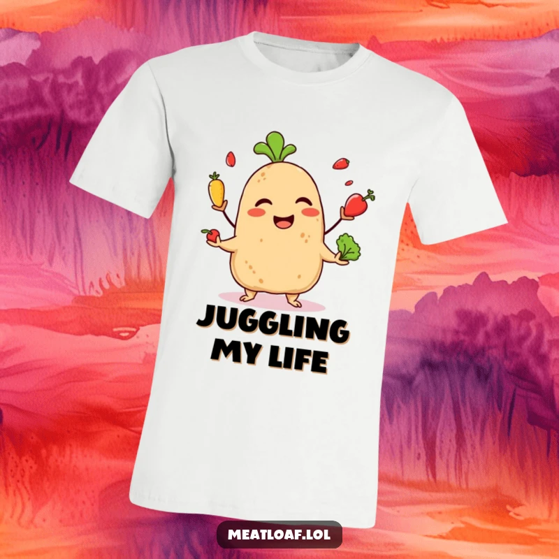 Funny t-shirt with a laughing meatloaf character skillfully juggling miniature vegetables, exuding fun and culinary prowess.