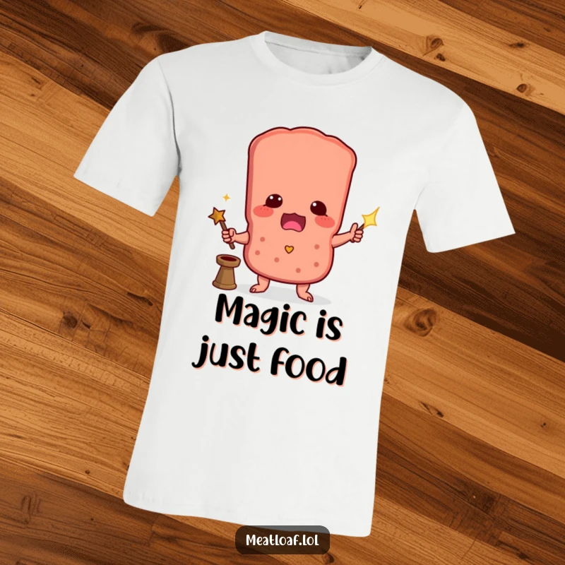 Funny t-shirt with a meatloaf character performing a magic trick with a wand, a humorous and enchanting design.