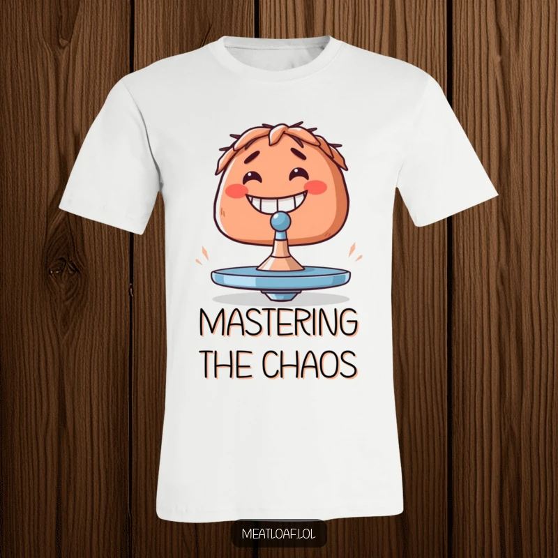 Funny meatloaf t-shirt featuring a meatloaf grinning widely while trying to balance a small spinning top.