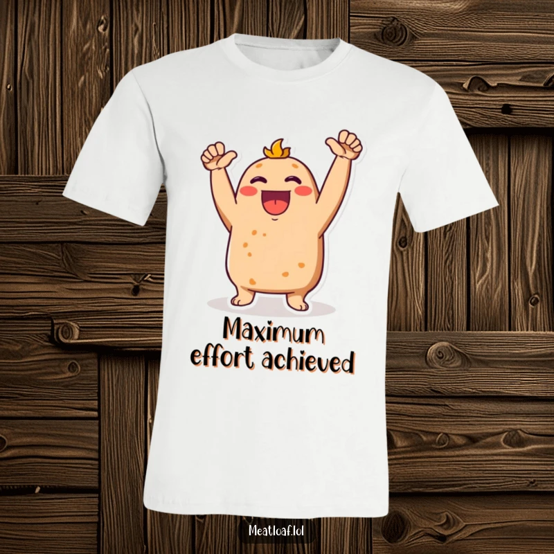 Funny Meatloaf character on a t-shirt, arms up, enthusiastically cheering and celebrating with glee.