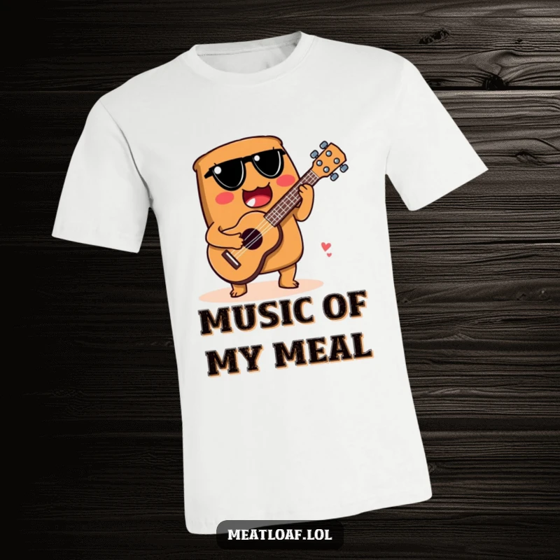 Funny t-shirt showing a meatloaf character enthusiastically playing a ukulele made from a spoon, creating sweet music.