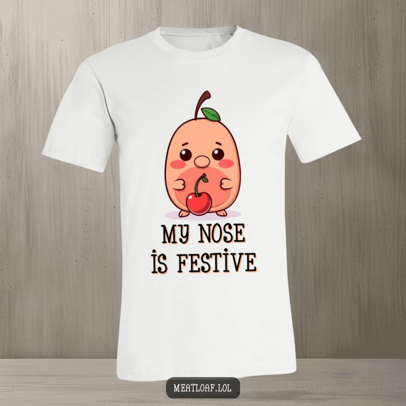 Funny kawaii meatloaf character precariously balancing a ripe cherry on its tiny nose, showcasing skillful charm on a t-shirt.
