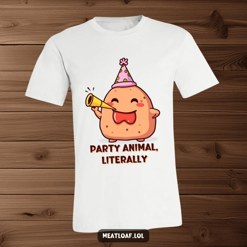Funny t-shirt showing a meatloaf character wearing a party hat and blowing a party horn, emanating pure celebration.