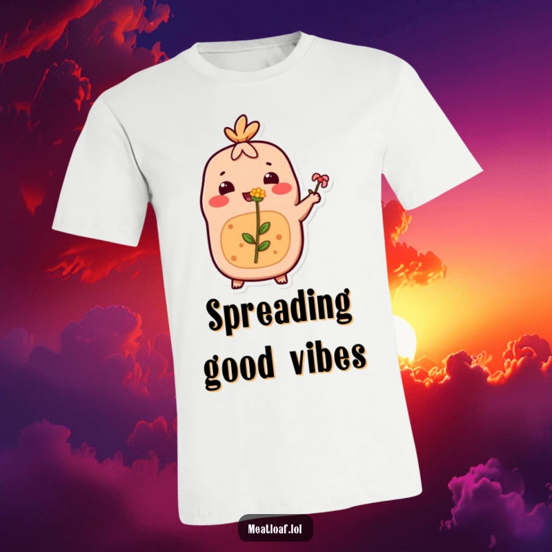 Funny Meatloaf T-Shirt: A happy meatloaf character presents a small flower with a sweet, kind expression. Perfect for showing affection.