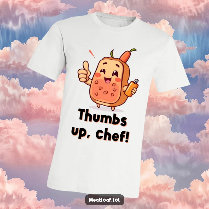 Funny meatloaf character t-shirt giving a cheerful thumbs-up, with a condiment sidekick, a wearable symbol of food camaraderie and fun.