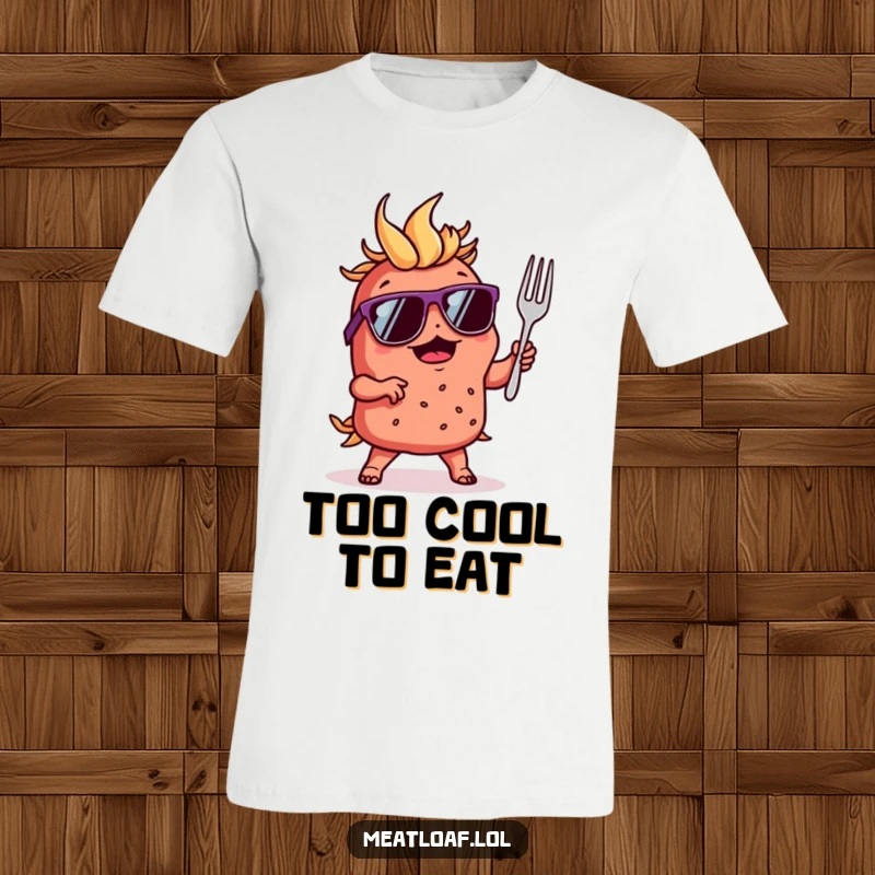 Funny t-shirt showing a sunglasses-wearing meatloaf rocking out and dancing with a miniature fork, full of swagger.