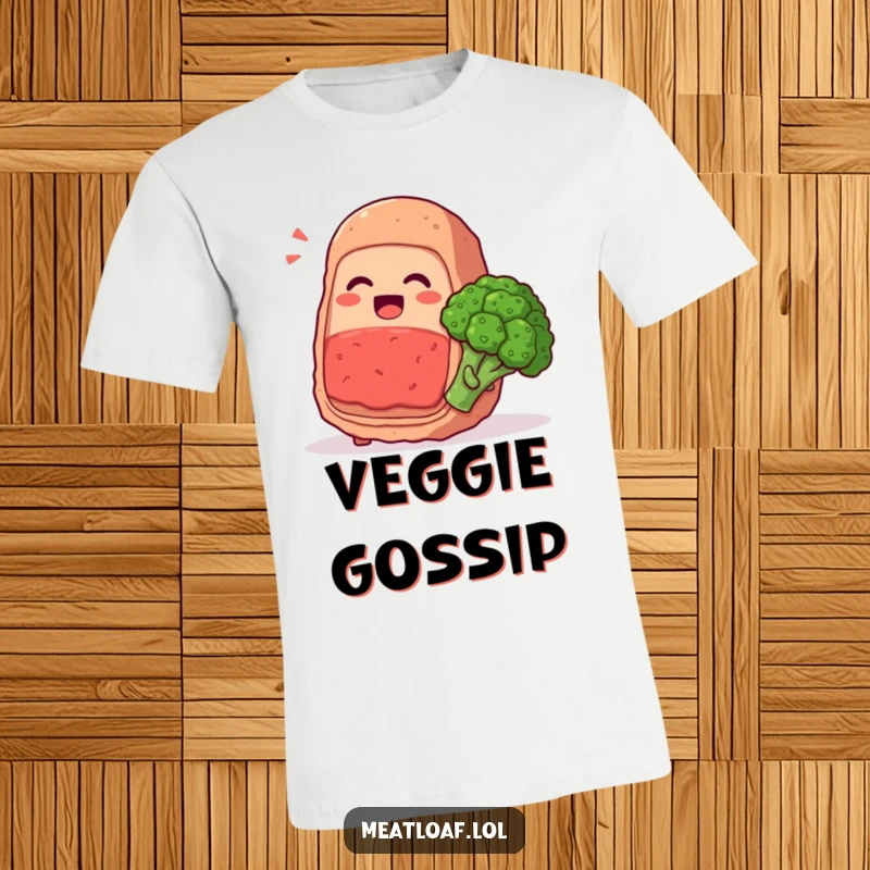 Funny meatloaf character whispering secrets and giggling with a broccoli floret, vegetable humor, graphic tee, perfect funny gift.