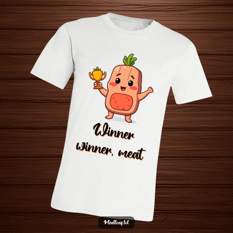 Funny proud meatloaf trophy t-shirt, a food character celebrating with a carrot trophy, culinary pride design.
