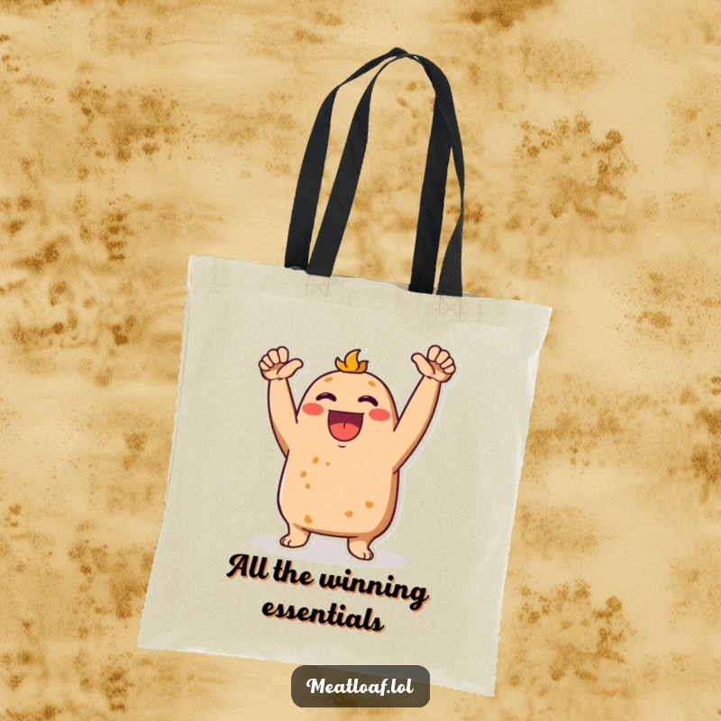Funny Meatloaf character on a tote bag, arms up, cheering enthusiastically, perfect for errands.