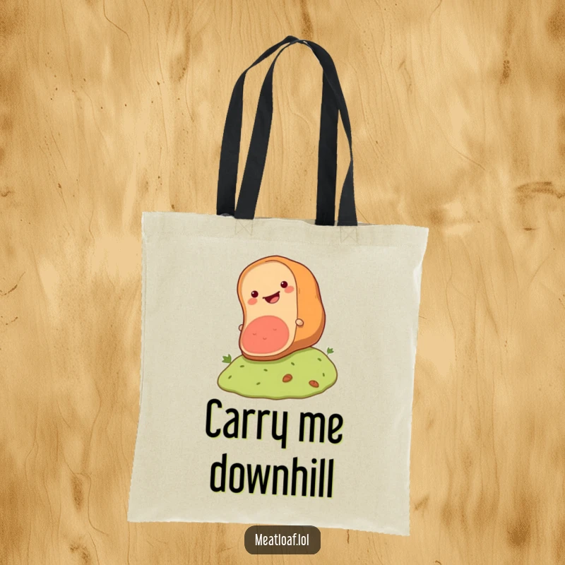 Funny meatloaf tote bag showing a happy loaf character rolling down a hill, ideal for carrying essentials with humor.