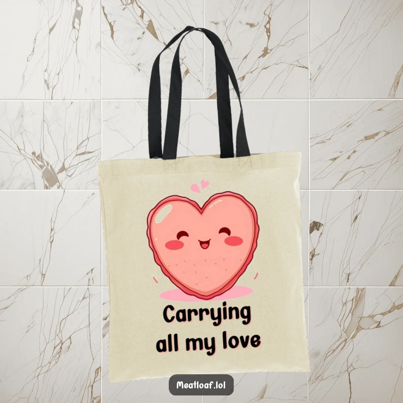 Funny tote bag with a blushing heart-shaped meatloaf character giggling sweetly, ideal for carrying essentials with humor.
