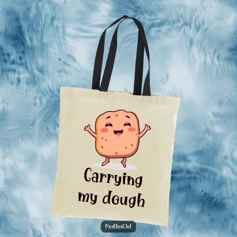 Funny meatloaf tote bag featuring a smiling food item with legs doing a silly dance, perfect for carrying everyday items.