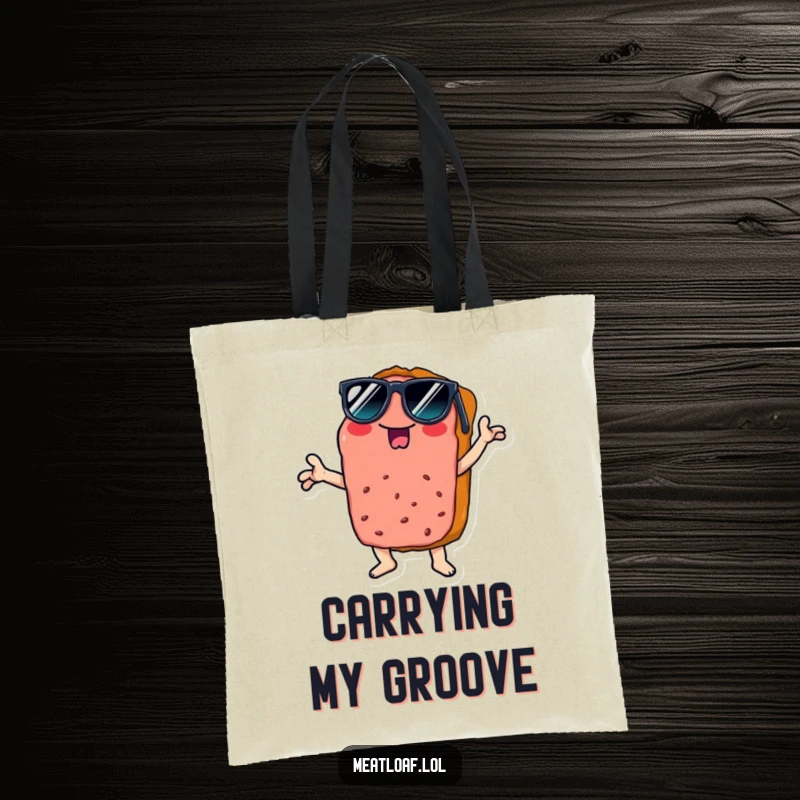 Funny disco meatloaf tote bag featuring a slice wearing sunglasses, doing a cool disco pose, perfect for carrying party essentials.